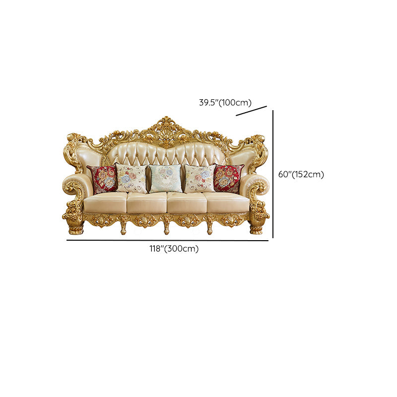 Gold Genuine Leather Sofa Tufted Split-Back Rolled Arm Sofa for Living Room