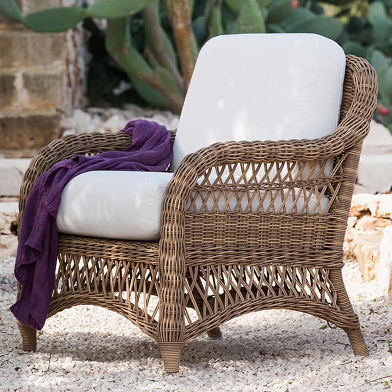 Tropical Outdoor Patio Sofa in Brown Plastic with White Cushion