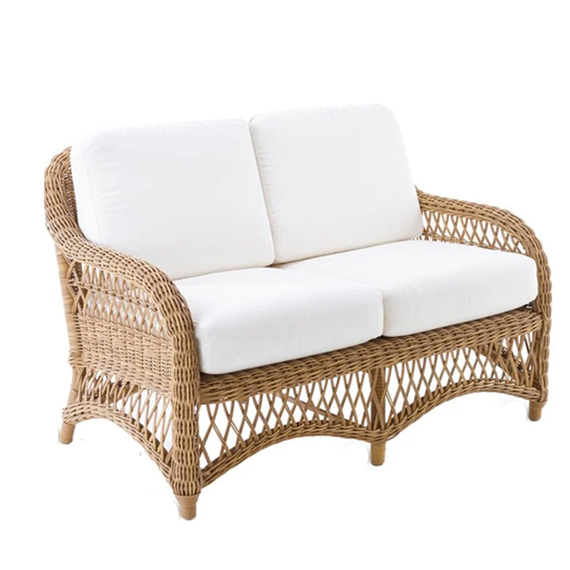 Tropical Outdoor Patio Sofa in Brown Plastic with White Cushion