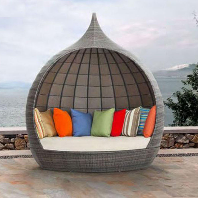 Tropical Grey Rattan Patio Daybed with Canopy Symmetrical Sofa