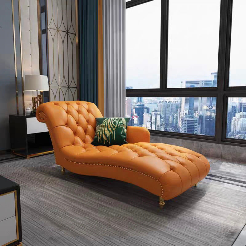 Glam Genuine Leather Chaise Lounge Living Room Chaise with One Armed