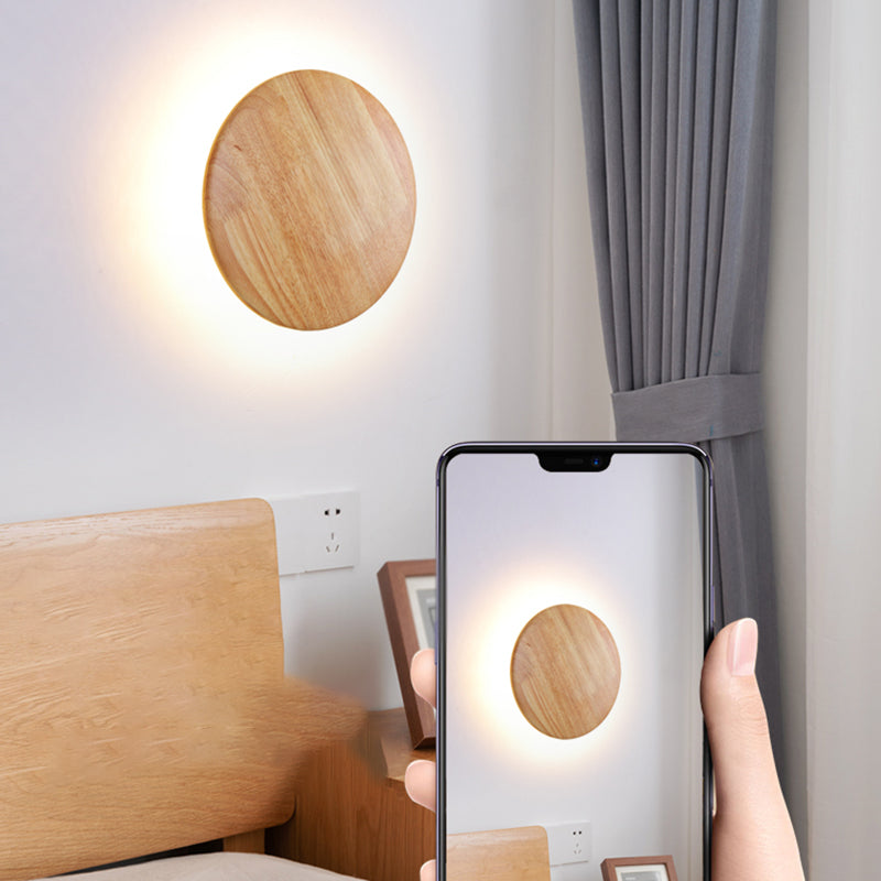 Wooden Wall Sconce Lighting Modern Round Disc Shape Wall Lamp for Bedroom
