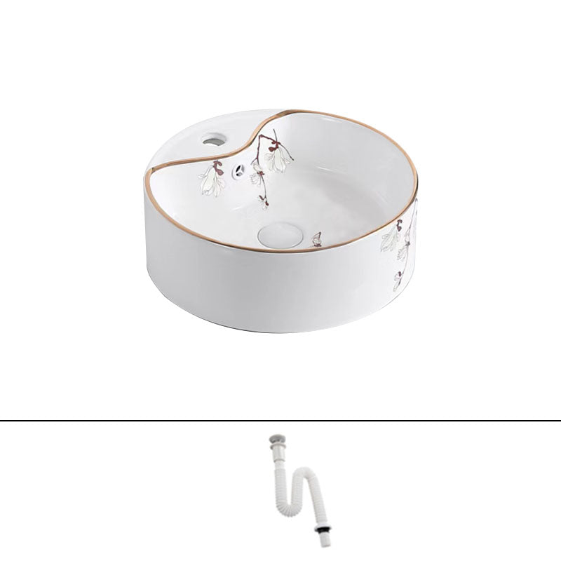 Traditional Vessel Sink Round Porcelain with Faucet Vessel Bathroom Sink