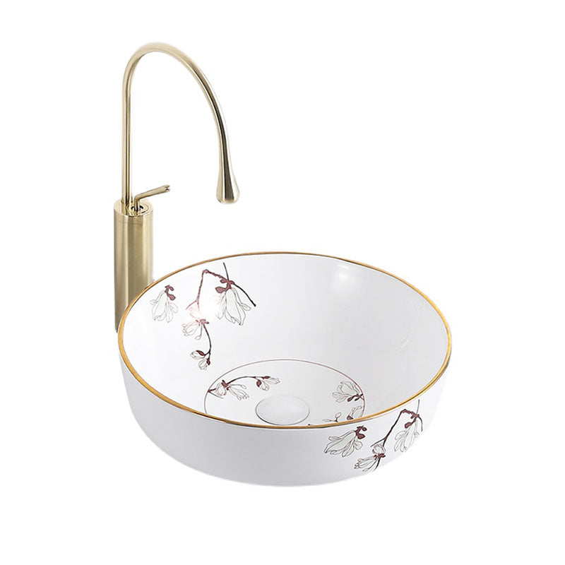 Traditional Vessel Sink Round Porcelain with Faucet Vessel Bathroom Sink