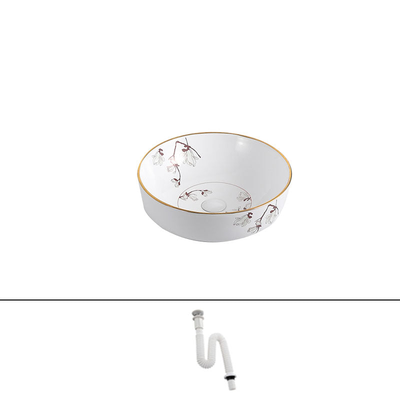 Traditional Vessel Sink Round Porcelain with Faucet Vessel Bathroom Sink