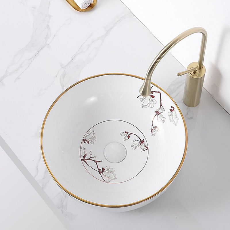 Traditional Vessel Sink Round Porcelain with Faucet Vessel Bathroom Sink