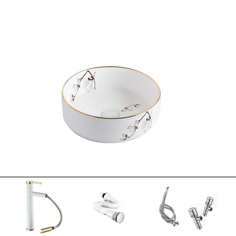 Traditional Vessel Sink Round Porcelain with Faucet Vessel Bathroom Sink