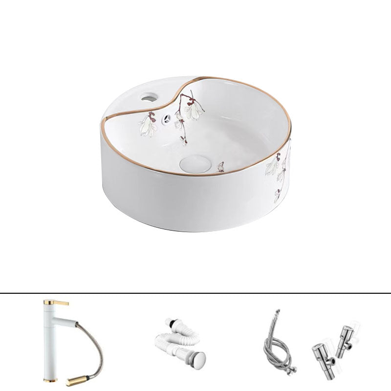 Traditional Vessel Sink Round Porcelain with Faucet Vessel Bathroom Sink