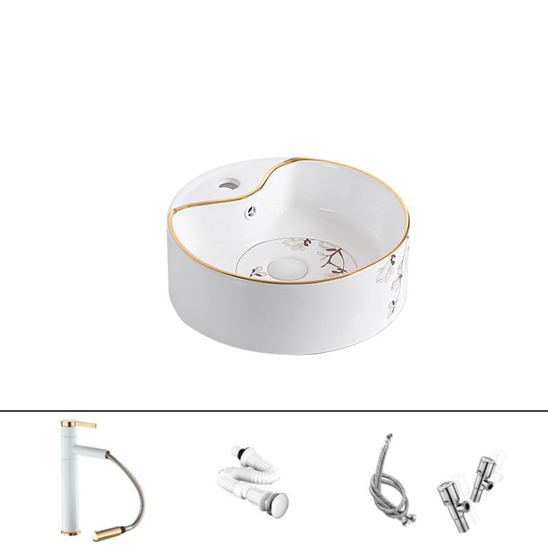 Traditional Vessel Sink Round Porcelain with Faucet Vessel Bathroom Sink