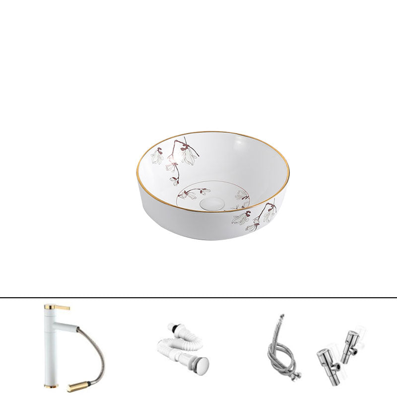 Traditional Vessel Sink Round Porcelain with Faucet Vessel Bathroom Sink