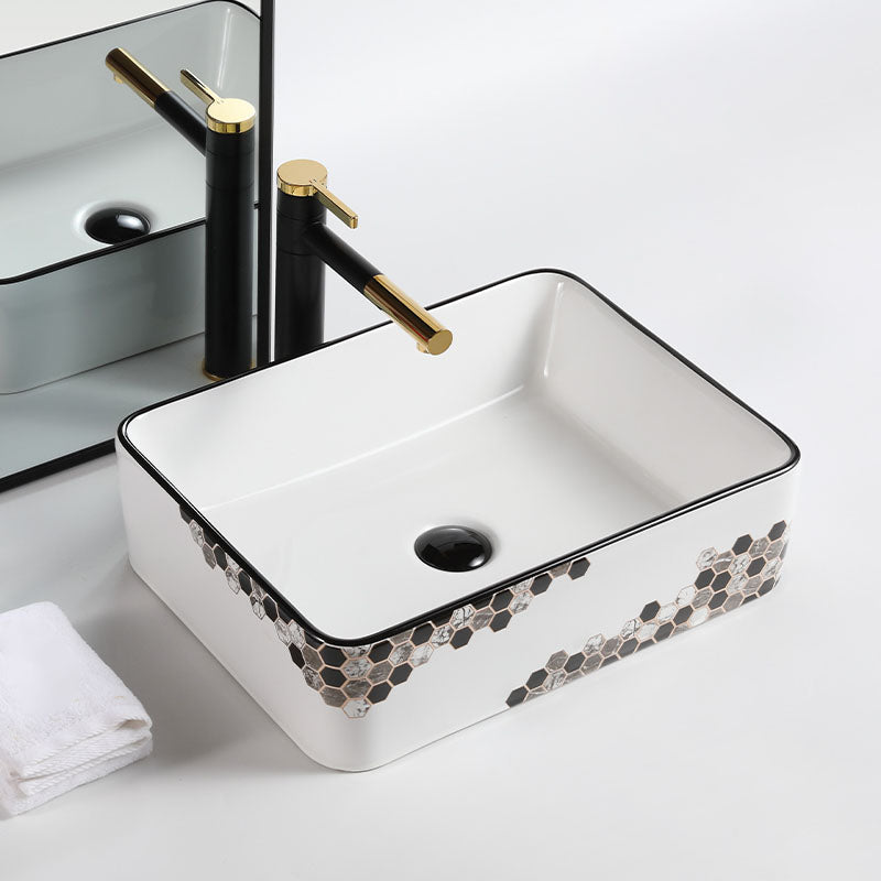 Modern Vessel Bathroom Sink Rectangular Porcelain with Pop-Up Drain Vessel Lavatory Sink