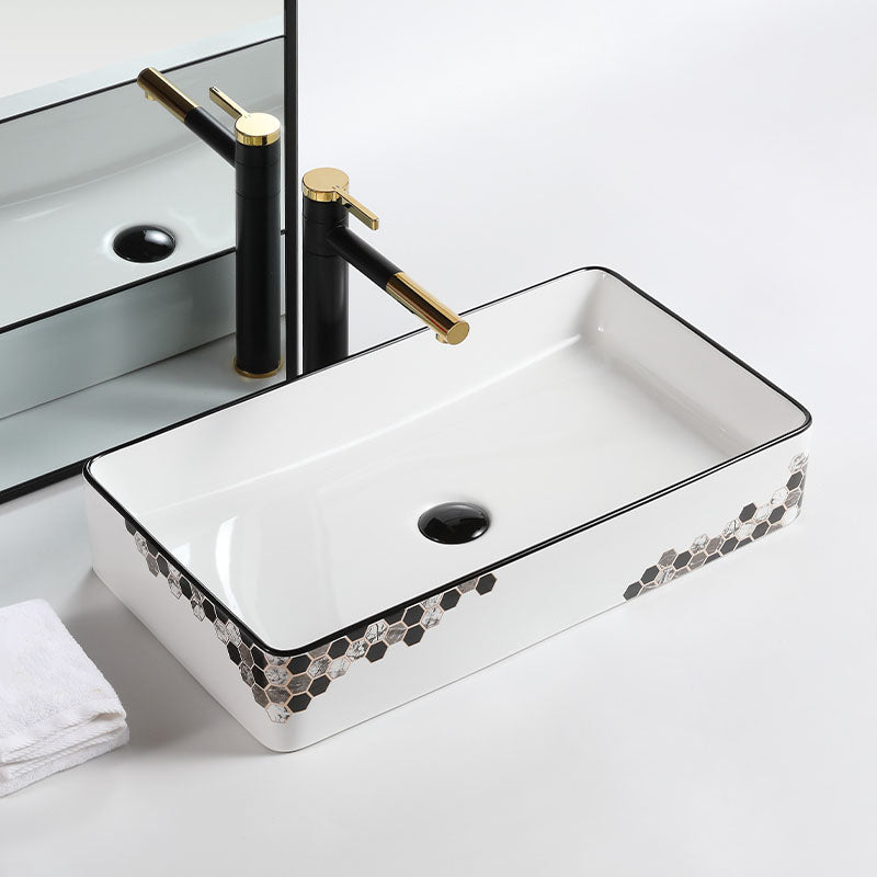 Modern Vessel Bathroom Sink Rectangular Porcelain with Pop-Up Drain Vessel Lavatory Sink