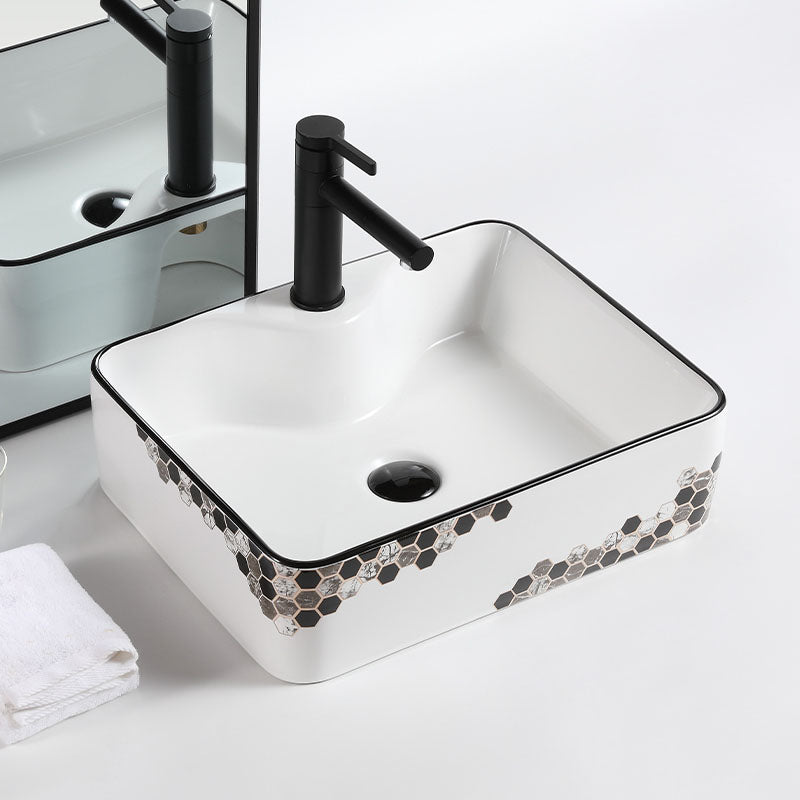 Modern Vessel Bathroom Sink Rectangular Porcelain with Pop-Up Drain Vessel Lavatory Sink