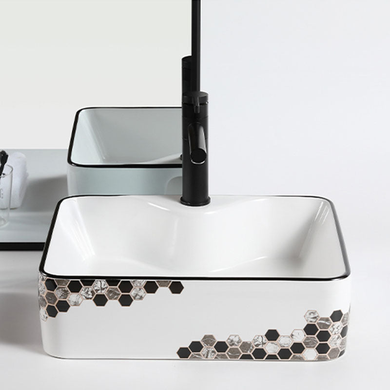 Modern Vessel Bathroom Sink Rectangular Porcelain with Pop-Up Drain Vessel Lavatory Sink