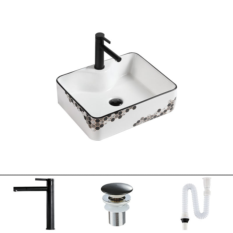 Modern Vessel Bathroom Sink Rectangular Porcelain with Pop-Up Drain Vessel Lavatory Sink