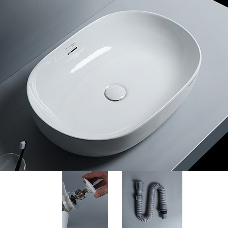 White Vessel Sink Faucet Porcelain Bathroom Sink with Pop-Up Drain