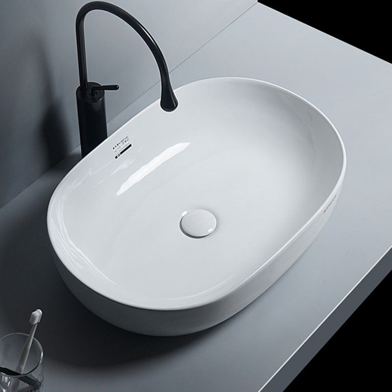 White Vessel Sink Faucet Porcelain Bathroom Sink with Pop-Up Drain