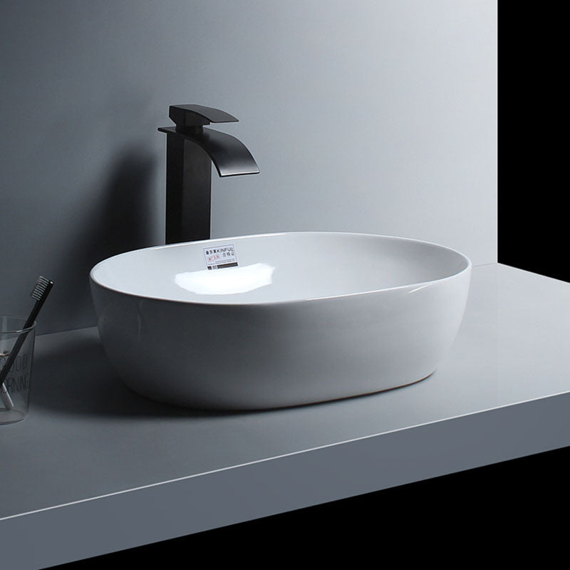 White Vessel Sink Faucet Porcelain Bathroom Sink with Pop-Up Drain