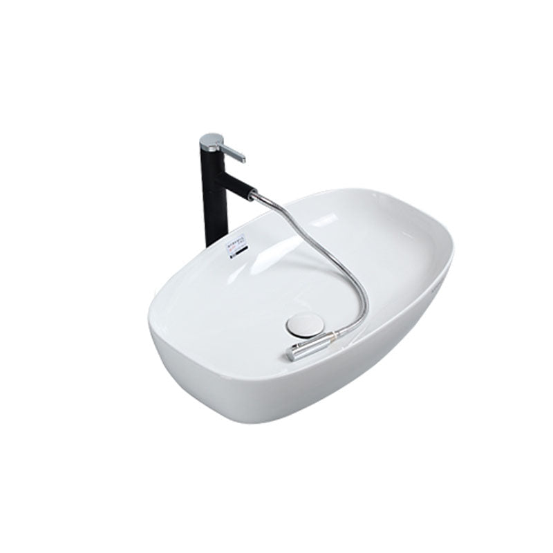 White Vessel Sink Faucet Porcelain Bathroom Sink with Pop-Up Drain