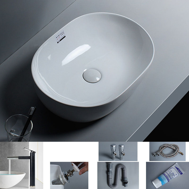 White Vessel Sink Faucet Porcelain Bathroom Sink with Pop-Up Drain