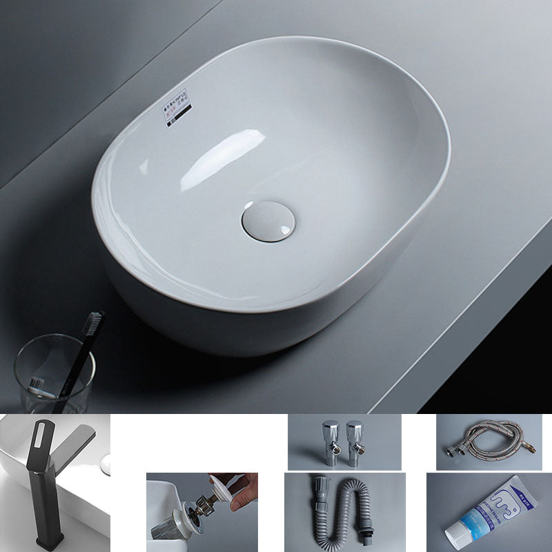 White Vessel Sink Faucet Porcelain Bathroom Sink with Pop-Up Drain