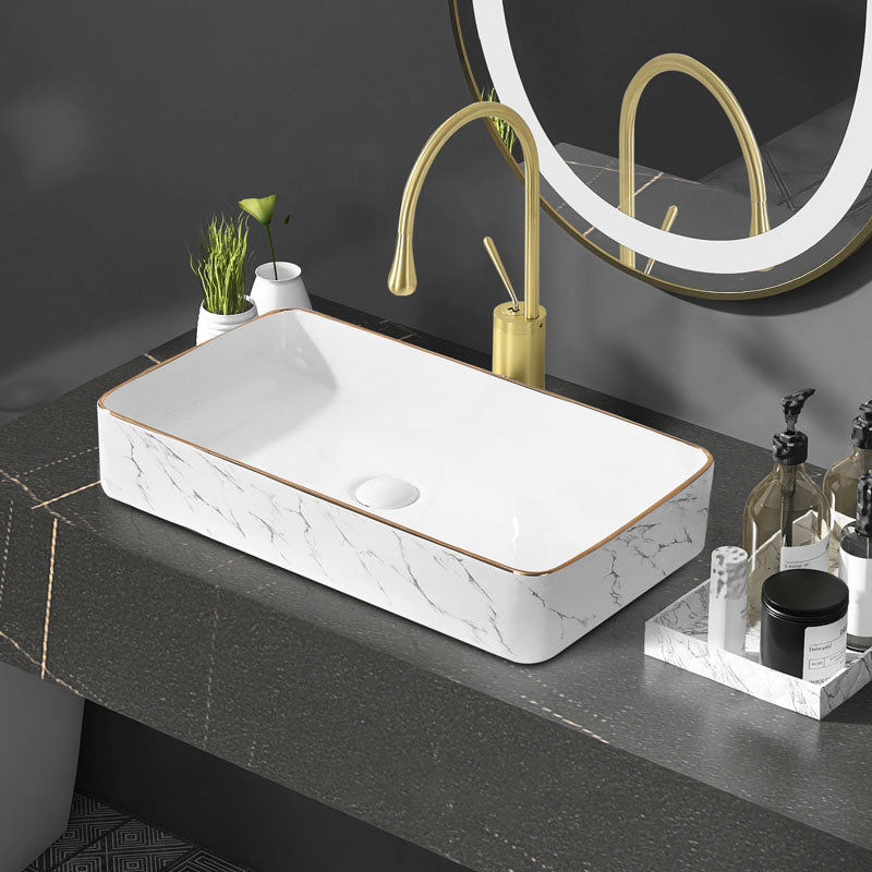 Modern Vessel Lavatory Sink Rectangular Porcelain Shut-Off Valve Included Bathroom Sink