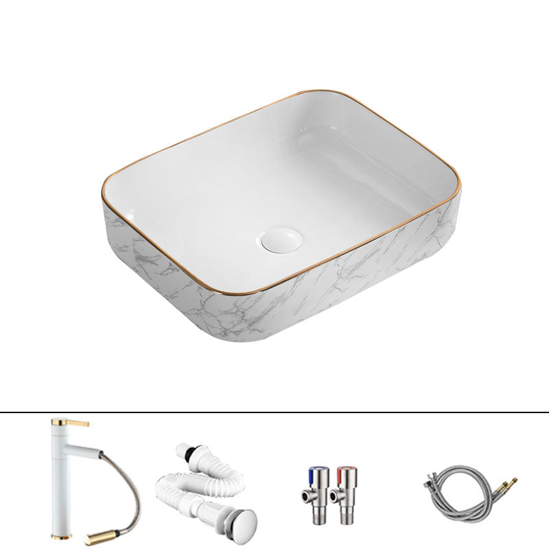 Modern Vessel Lavatory Sink Rectangular Porcelain Shut-Off Valve Included Bathroom Sink