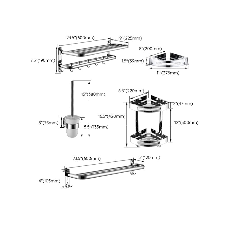 Contemporary Bathroom Accessories Hardware Set in Silver with Towel Bar