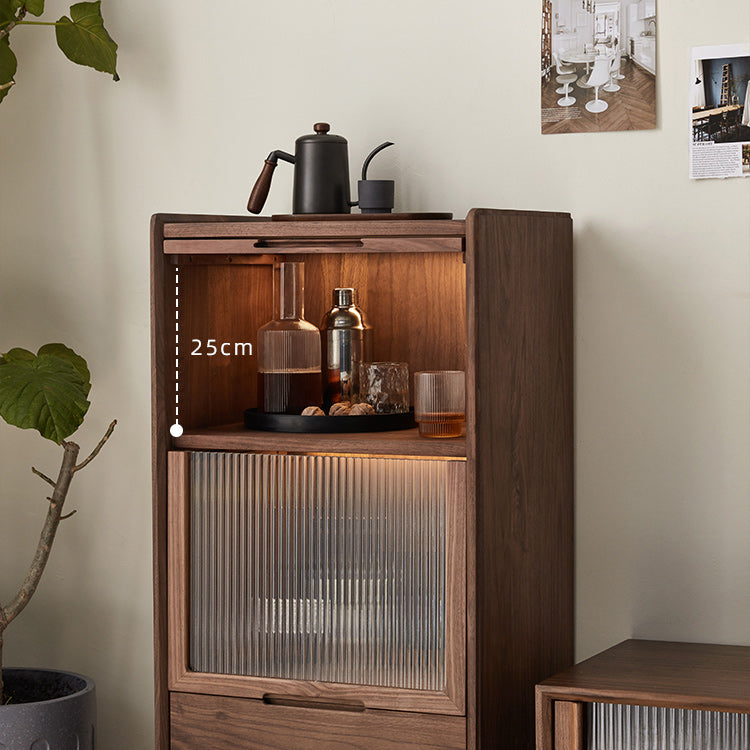 Walnut Glass Paned Accent Cabinet Mi-Century Modern 41.3" Tall Chest with Drawer