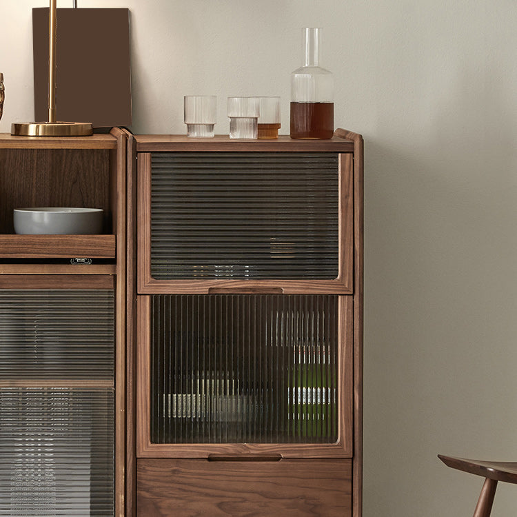 Walnut Glass Paned Accent Cabinet Mi-Century Modern 41.3" Tall Chest with Drawer