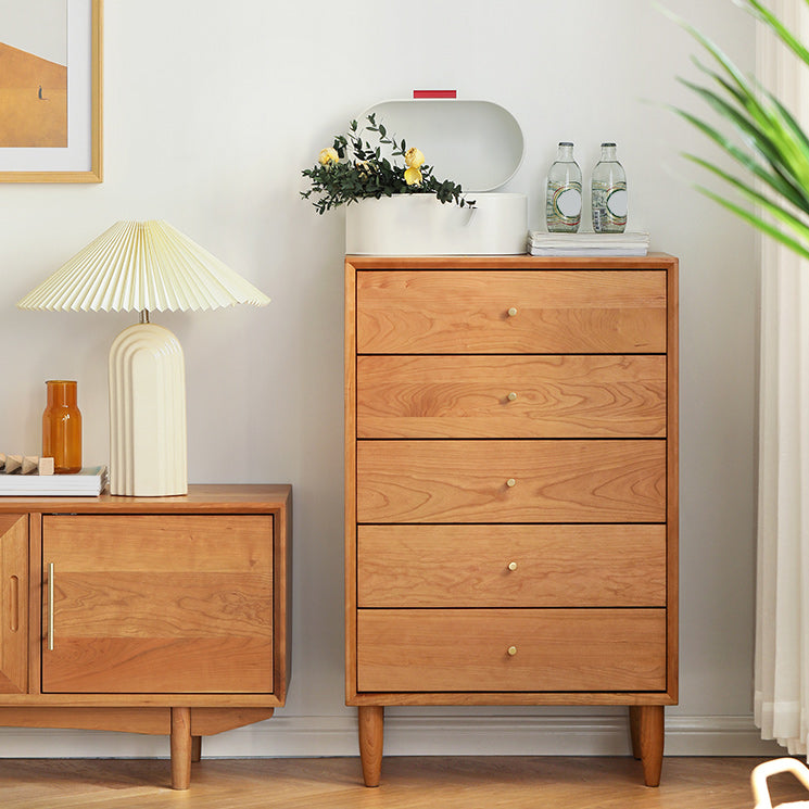 Pine Wood Accent Chest 37.8" Tall Side Cabinet with 5 Drawers