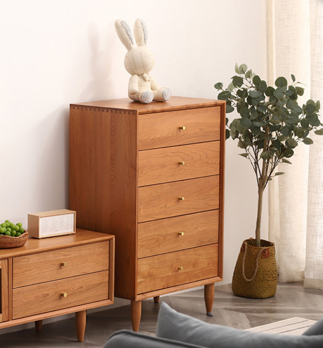 Pine Wood Accent Chest 37.8" Tall Side Cabinet with 5 Drawers