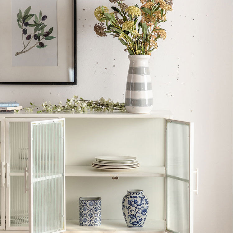 Industrial Metal Cabinet in White Distressed Chest with Glass Paned