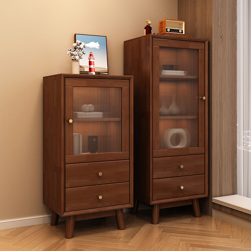 Rubberwood Accent Cabinet Modern Glass Paned Cabinet with Drawers