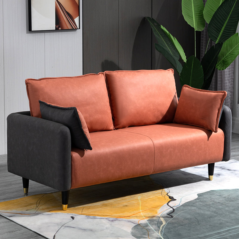 Contemporary Sofa with 2 Pillows Tuxedo Arm Living Room Faux Leather Settee