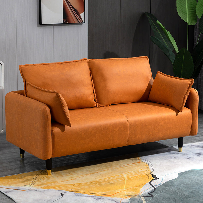 Contemporary Sofa with 2 Pillows Tuxedo Arm Living Room Faux Leather Settee