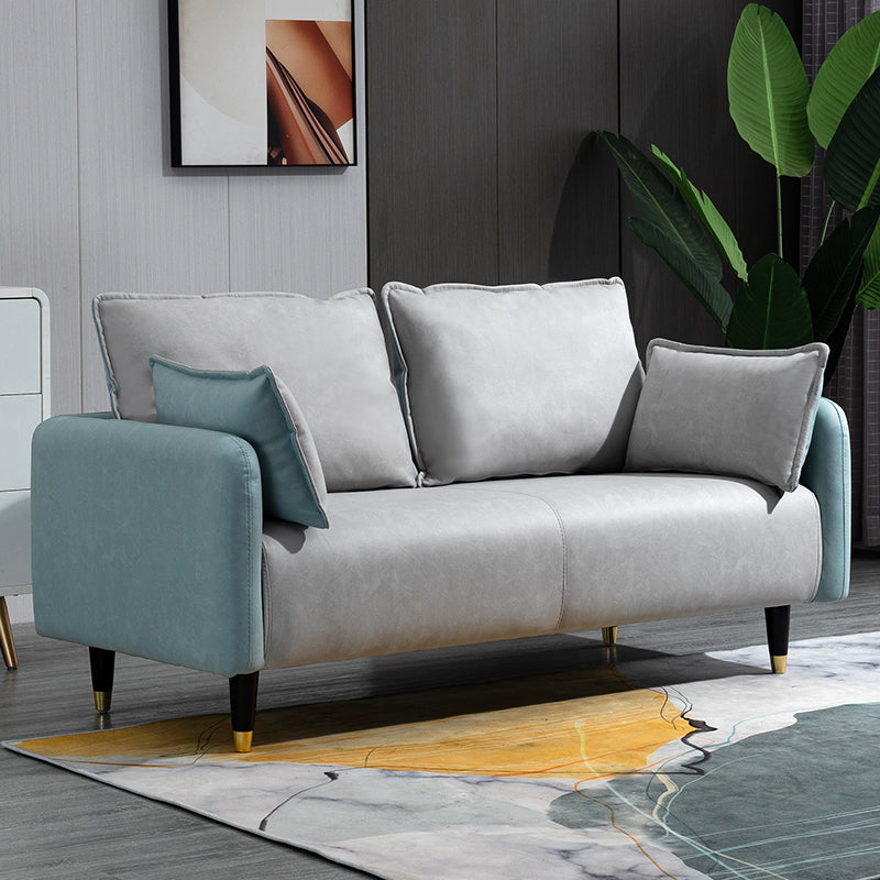 Contemporary Sofa with 2 Pillows Tuxedo Arm Living Room Faux Leather Settee