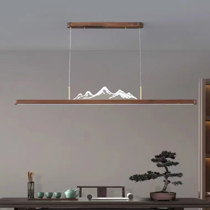 Modern Wood Ceiling Light Linear Shape Island Light with Plastic Shade for Living Room
