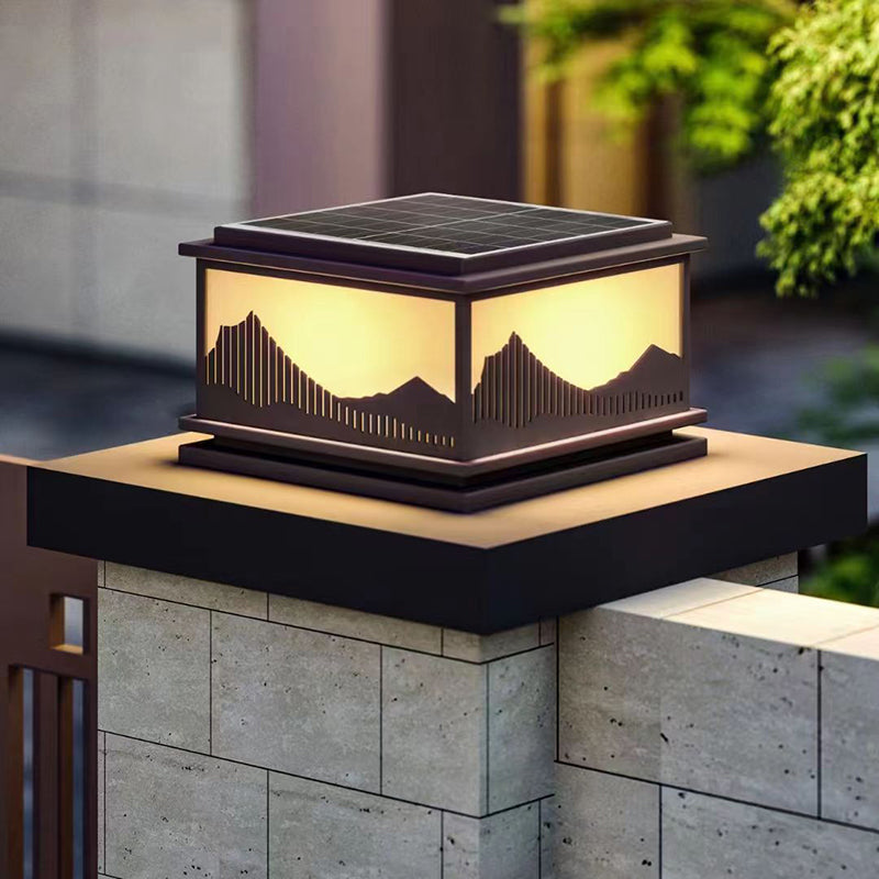 Rectangle Shape Metal Solar Pillar Lamp Modern 1 Light Outdoor Waterproof Light in Black