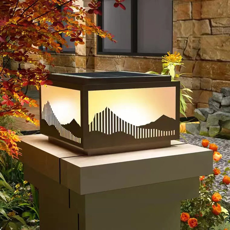 Rectangle Shape Metal Solar Pillar Lamp Modern 1 Light Outdoor Waterproof Light in Black