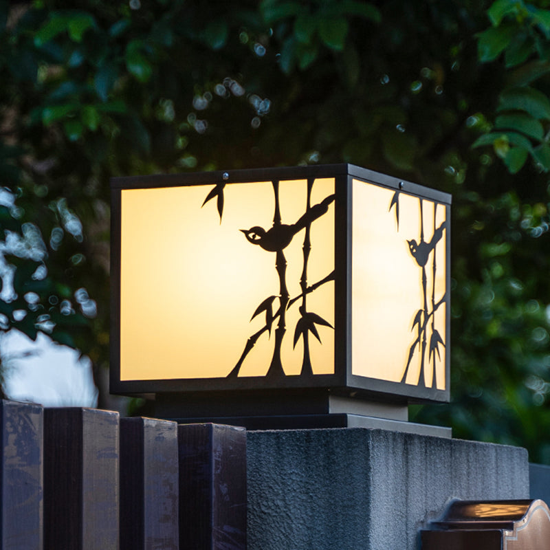 Square Shape Metal Waterproof Pillar Lamp Modern-Style 1 Light Outdoor Light in Black