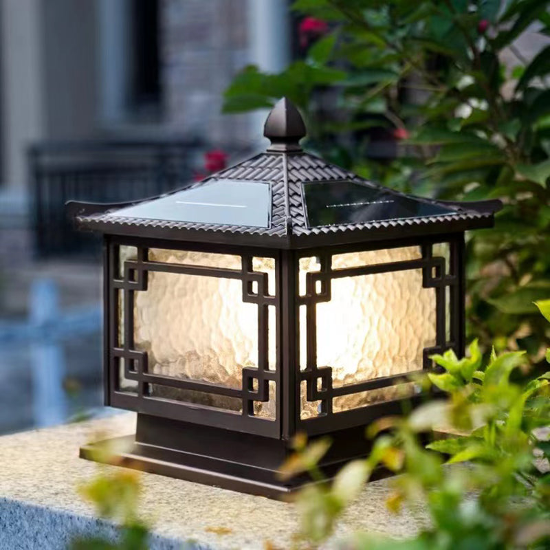 Rectangular Shape Metal Solar Pillar Lamp Modern 1 Light Outdoor Waterproof Light in Brown