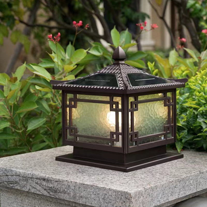 Rectangular Shape Metal Solar Pillar Lamp Modern 1 Light Outdoor Waterproof Light in Brown