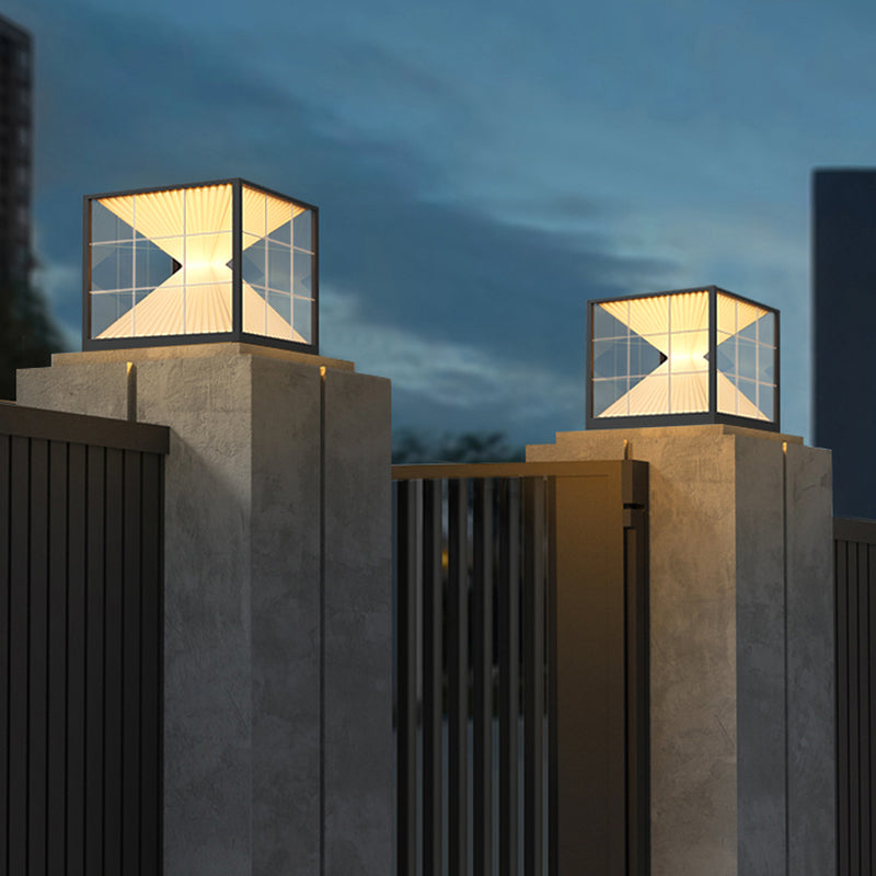 Square Shape Metal Solar Pillar Lamp Modern Style 1 Light Outdoor Lights in Black