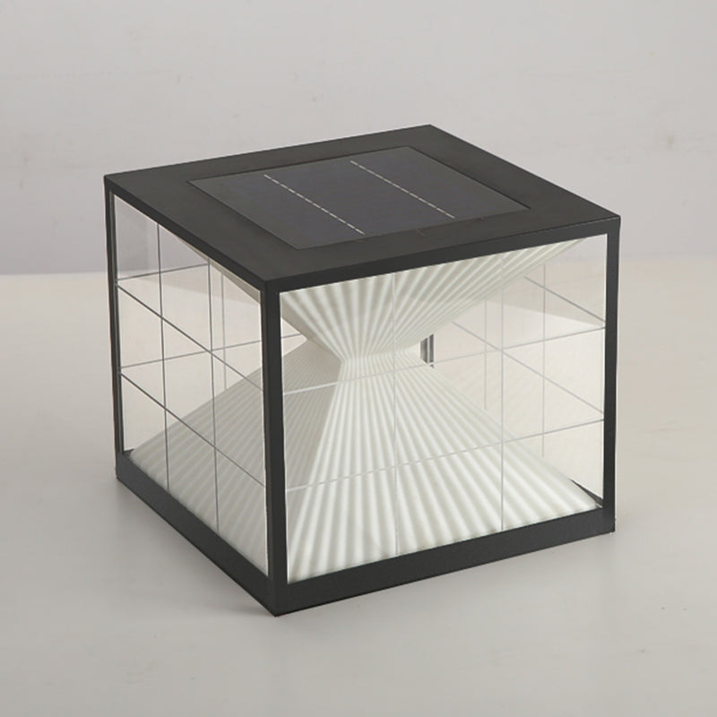 Square Shape Metal Solar Pillar Lamp Modern Style 1 Light Outdoor Lights in Black