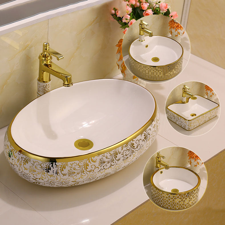 Glam Vessel Lavatory Sink Oval Porcelain with Faucet Vessel Sink