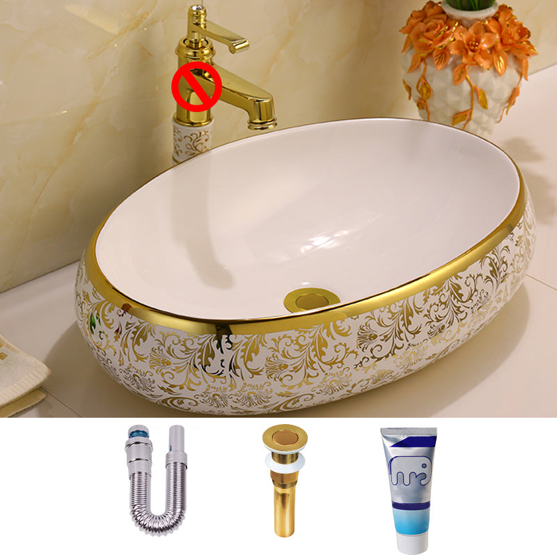 Glam Vessel Lavatory Sink Oval Porcelain with Faucet Vessel Sink
