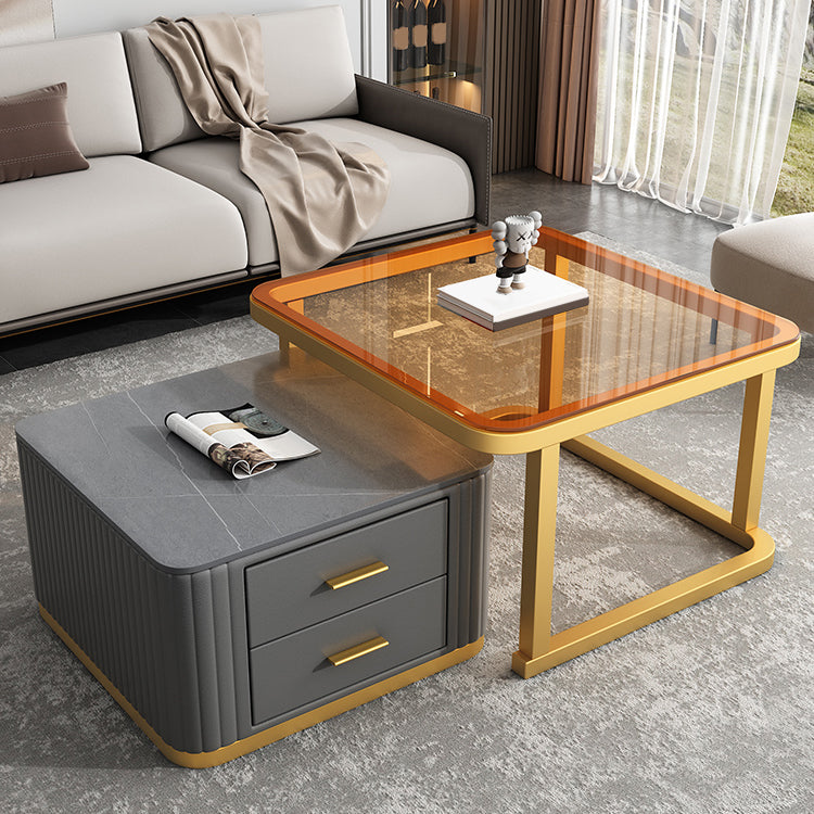 Modern Square Stone Coffee Table with Drawers 2 Nesting Cocktail Table Set