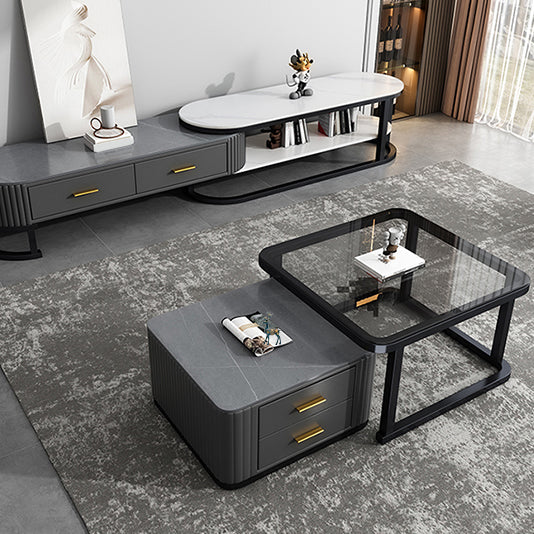 Modern Square Stone Coffee Table with Drawers 2 Nesting Cocktail Table Set