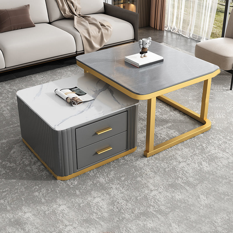 Modern Square Stone Coffee Table with Drawers 2 Nesting Cocktail Table Set